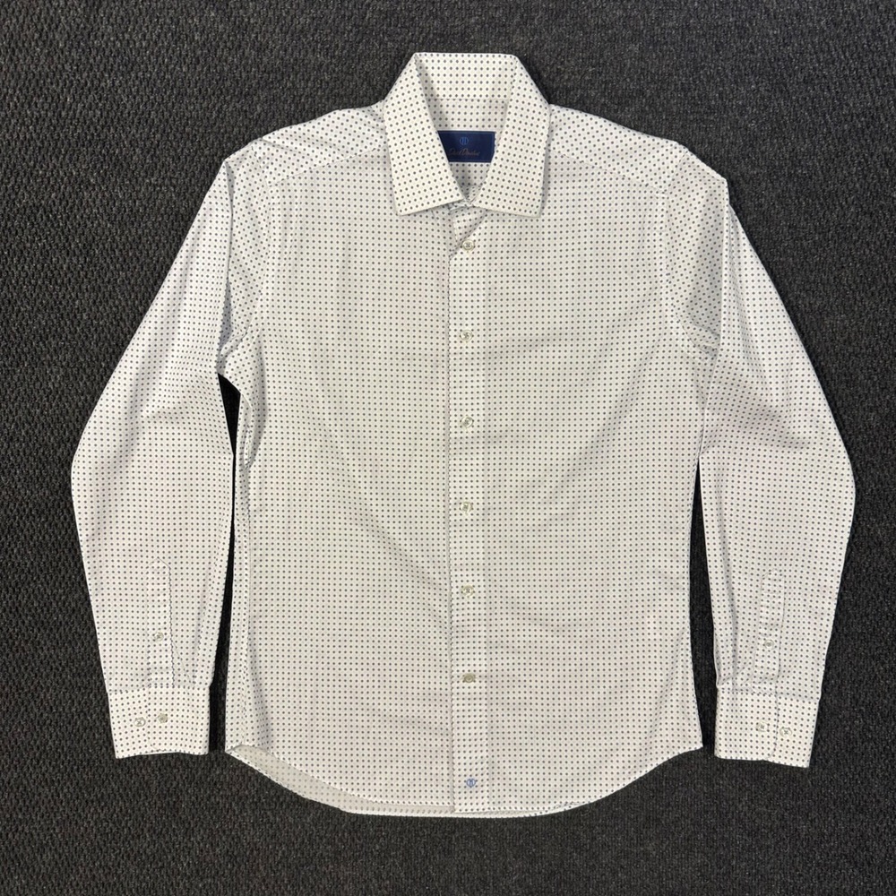 David Donahue Dress Mens 15.5 34/35 White Blue Micro Floral Print Long Sleeve